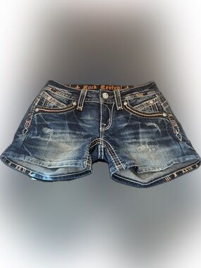 Rock Revival Bruna Shorts Cowgirl Dark Blue Wash Distressed Denim Womens 25